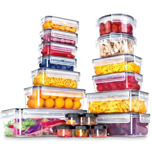 KAGUYA plastic food storage containers with lids. Leak-proof kitchen storage containers for pantry organizer and storage. 36 pieces. 40ml – 2.5L 100% BPA free. microwave and